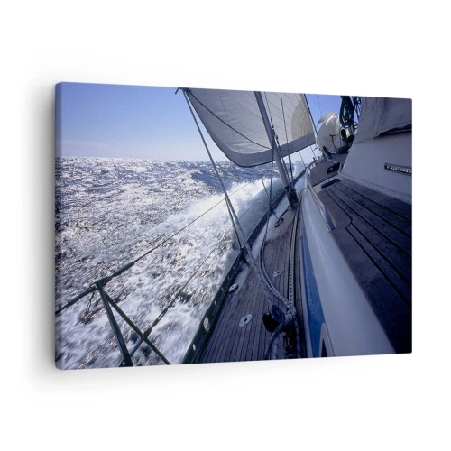 Obraz na płótnie - Żaglówka na wzburzonym morzu z białymi żaglami i drewnianym pokładem. - 70x50cm - Wiem, co to być ptakiem - Nowoczesna dekoracja ścienna do salonu i sypialni ARTTOR
