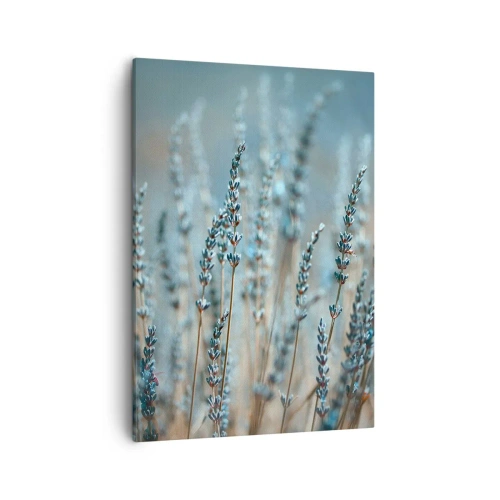 Obraz na płótnie - Lawendowe łodygi na tle rozmytego krajobrazu - 50x70cm - Pachnący łan - Nowoczesna dekoracja ścienna do salonu, kuchni i sypialni ARTTOR