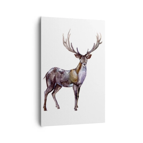 Obraz na płótnie - Akwarelowa ilustracja jelenia z majestatycznym porożem - 80x120cm - Król północnej puszczy - Nowoczesna dekoracja ścienna do salonu i sypialni ARTTOR