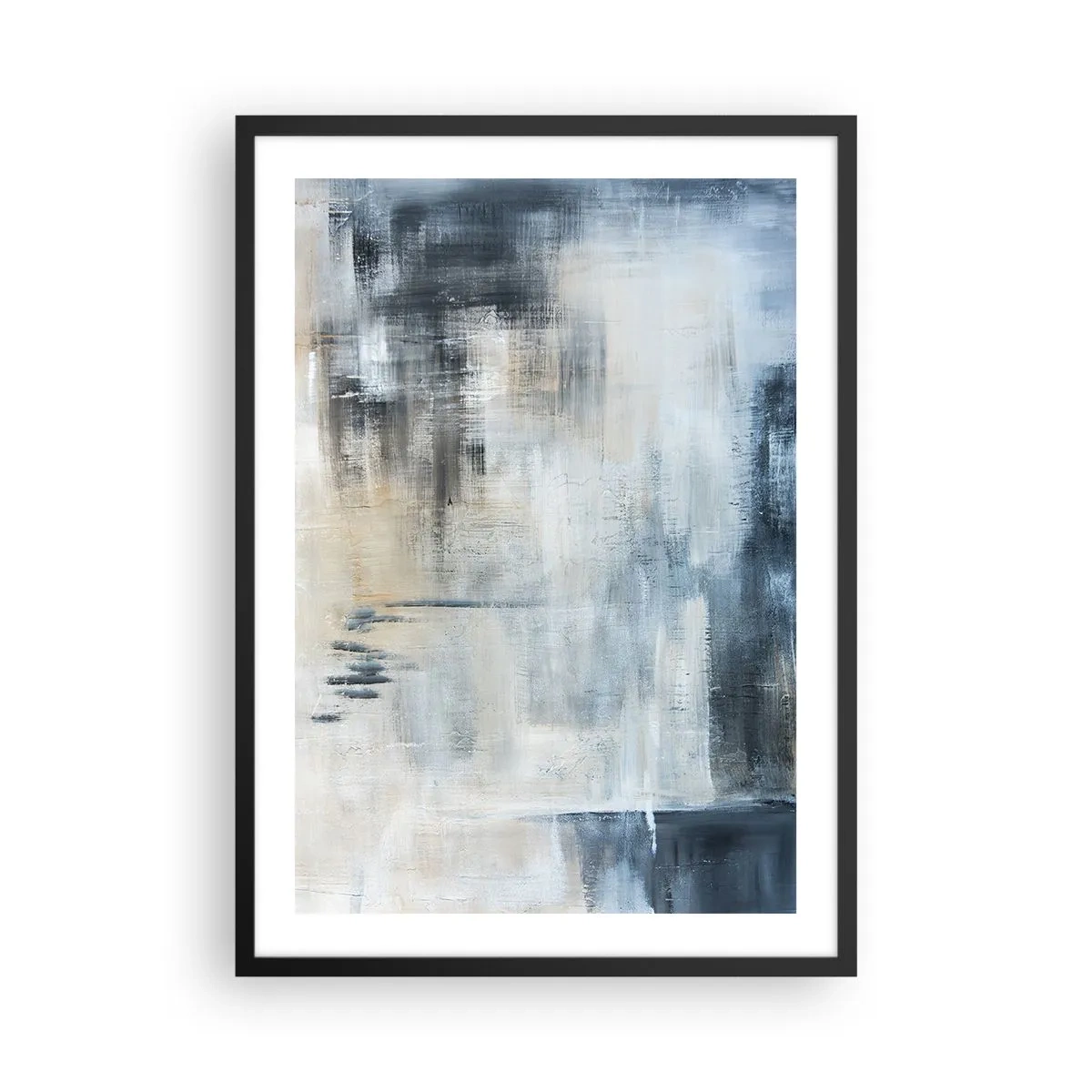 Plakat w czarnej ramie - Abstrakcyjna kompozycja w odcieniach błękitu i beżu - 50x70cm - Za zasłoną błękitu - Nowoczesna dekoracja ścienna do salonu i sypialni ARTTOR