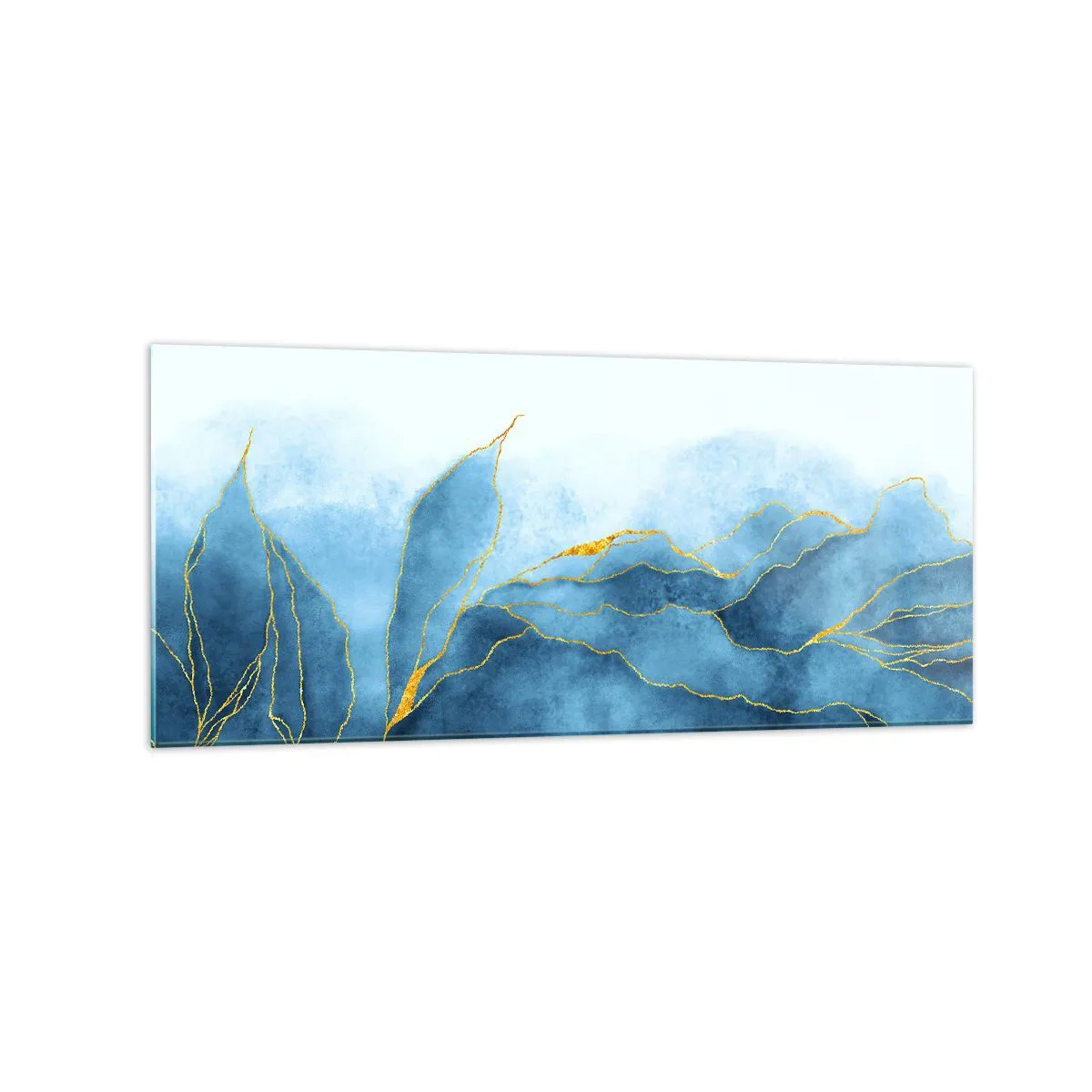 Obraz na szkle - Abstrakcyjne fale w odcieniach niebieskiego ze złotymi akcentami - 120x50cm - Błękit w złocie - Nowoczesna dekoracja ścienna do salonu i sypialni ARTTOR