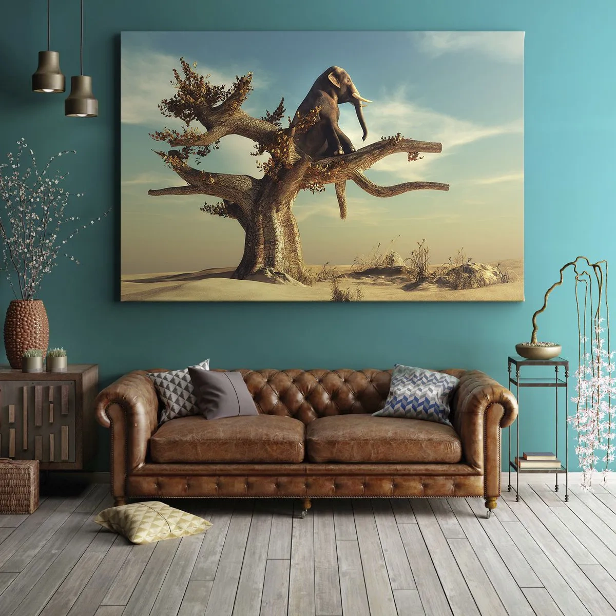 Obraz na płótnie - Siedzący słoń na drzewie w surrealistycznym krajobrazie - 70x50cm - Nowy punkt widzenia - Nowoczesna dekoracja ścienna do salonu i sypialni ARTTOR