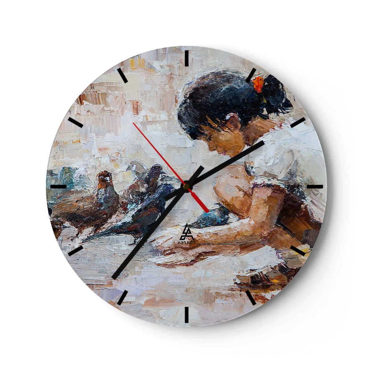 Zegar ścienny - Dziewczynka karmiąca gołębie na malarskim tle - 30x30cm - Maluczcy i najmilsi - Nowoczesna dekoracja ścienna do salonu, kuchni i sypialni ARTTOR