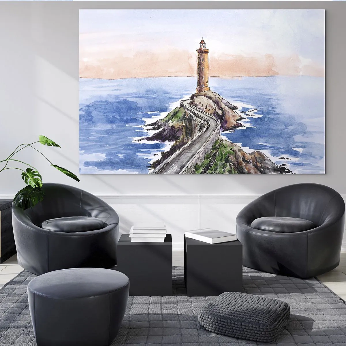 Obraz na szkle - Latarnia morska na skalistym cyplu otoczona spokojnym morzem - 70x50cm - Zwrócona ku morzu - Nowoczesna dekoracja ścienna do salonu i sypialni ARTTOR