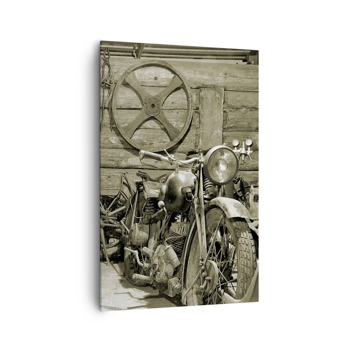 Obraz na płótnie - Retro warsztat z motocyklami i narzędziami - 80x120cm - W szopie wuja Władka - Nowoczesna dekoracja ścienna do salonu i sypialni ARTTOR