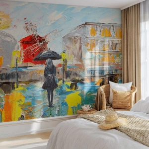Fototapeta Premium Sand - Spacer w deszczu po paryskiej ulicy z Moulin Rouge - 100x70cm - Paryskie legendy - Nowoczesna dekoracja ścienna do salonu, kuchni i sypialni ARTTOR