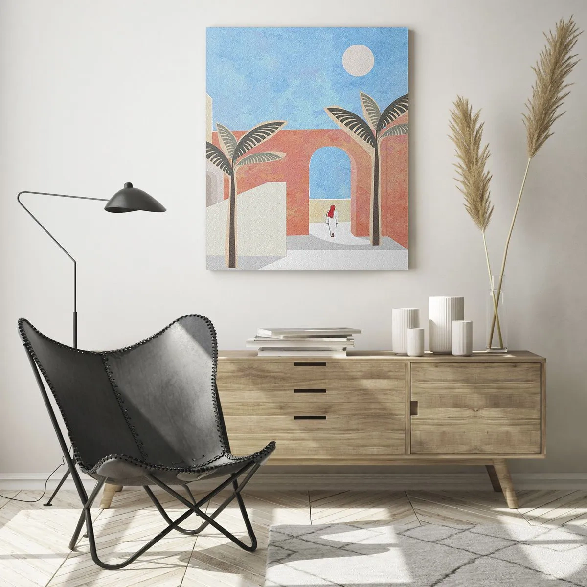 Obraz na szkle - Minimalistyczna ilustracja architektury z palmami w pastelowych kolorach - 80x120cm - Arabski dzień - Nowoczesna dekoracja ścienna do salonu i sypialni ARTTOR