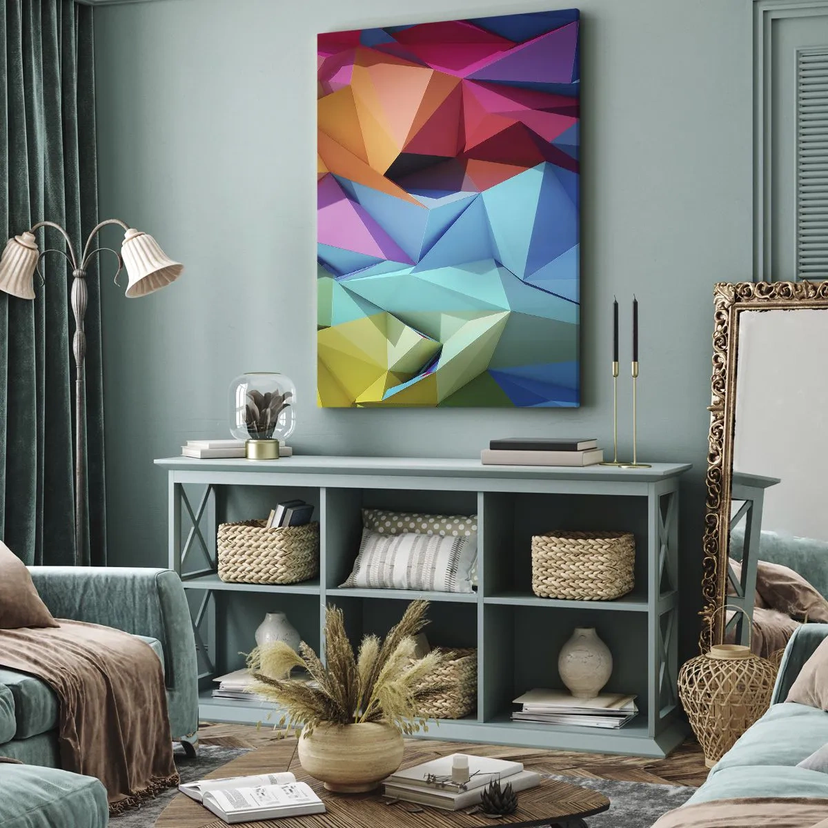 Obraz na płótnie - Abstrakcyjny rysunek w kształcie trójkątów w intensywnych kolorach - 50x70cm - Tęczowe origami - Nowoczesna dekoracja ścienna do salonu, kuchni i sypialni ARTTOR
