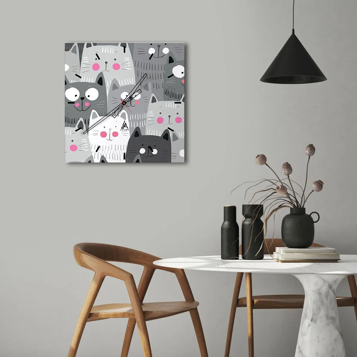 Zegar ścienny - Zabawny wzór z kotami w odcieniach szarości - 30x30cm - Koci świat - Nowoczesna dekoracja ścienna do salonu i sypialni ARTTOR