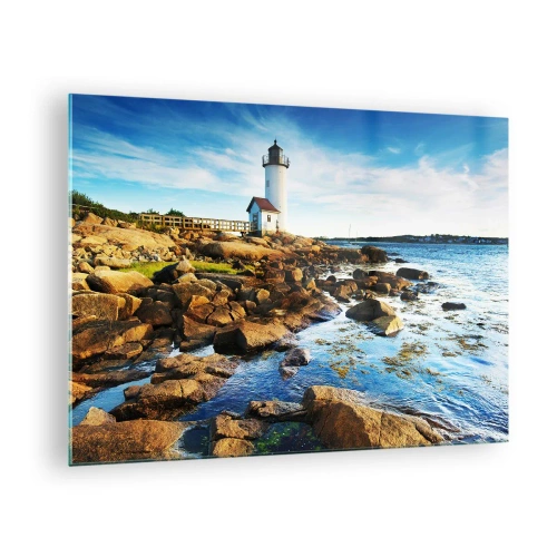 Obraz na szkle - Latarnia morska na skalistym wybrzeżu w słoneczny dzień - 70x50cm - Wracajcie szczęśliwie, czekam - Nowoczesna dekoracja ścienna do salonu i sypialni ARTTOR