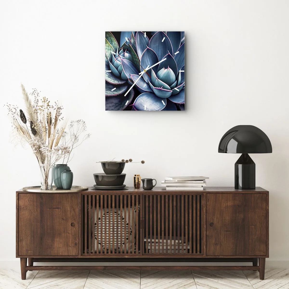 Zegar ścienny - Agawa w odcieniach niebieskiego i zielonego z różowymi akcentami - 30x30cm - Witalna siła - Nowoczesna dekoracja ścienna do salonu i sypialni ARTTOR