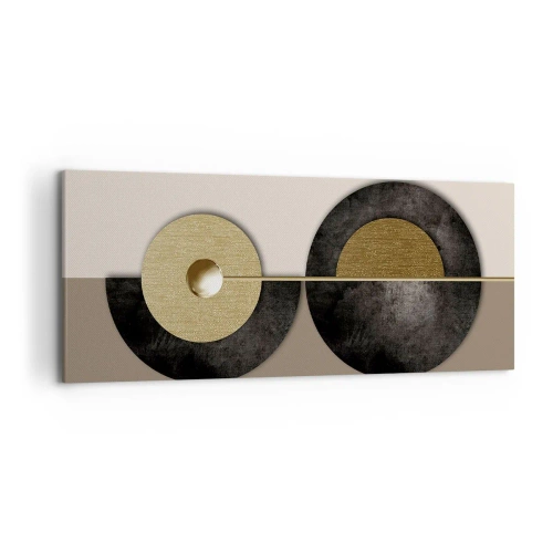 Obraz na płótnie - Abstrakcyjne koła w odcieniach złota i brązu - 120x50cm - Wariacje wokół koła - Nowoczesna dekoracja ścienna do salonu i sypialni ARTTOR