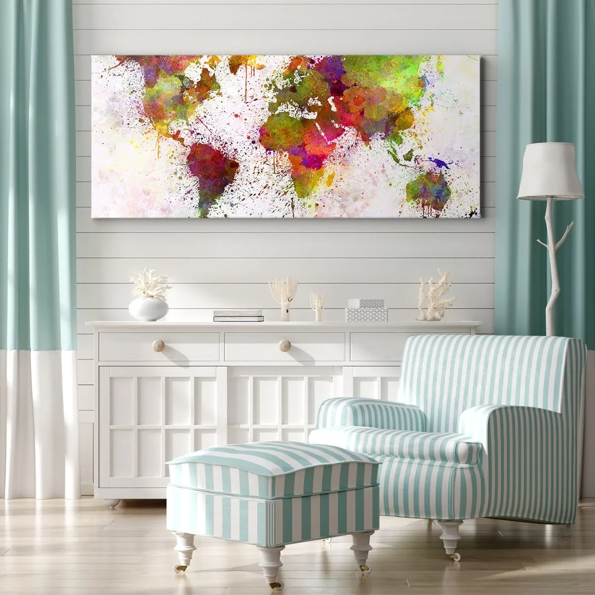 Obraz na płótnie - Kolorowa mapa świata w abstrakcyjnej stylistyce - 160x50cm - Jakoś tak samo wyszło - Nowoczesna dekoracja ścienna do salonu i sypialni ARTTOR