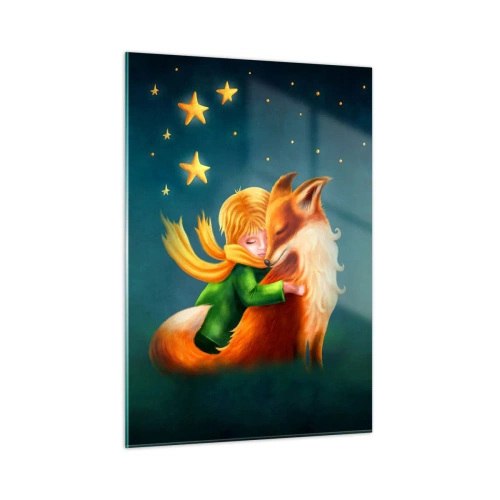 Obraz na szkle - Mały Książę przytulający lisa pod rozgwieżdżonym niebem - 50x70cm - Mały Książę - Nowoczesna dekoracja ścienna do salonu, kuchni i sypialni ARTTOR