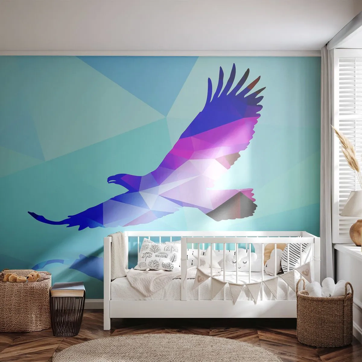 Fototapeta Premium Sand - Geometryczna sylwetka orła w locie na niebieskim tle - 100x70cm - Orzeł w liliowym krysztale - Nowoczesna dekoracja ścienna do salonu, kuchni i sypialni ARTTOR