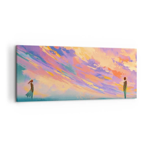 Obraz na płótnie - Dynamiczna scena z postaciami na tle kolorowego nieba o zachodzie słońca - 120x50cm - Siła przyciągania - Nowoczesna dekoracja ścienna do salonu i sypialni ARTTOR