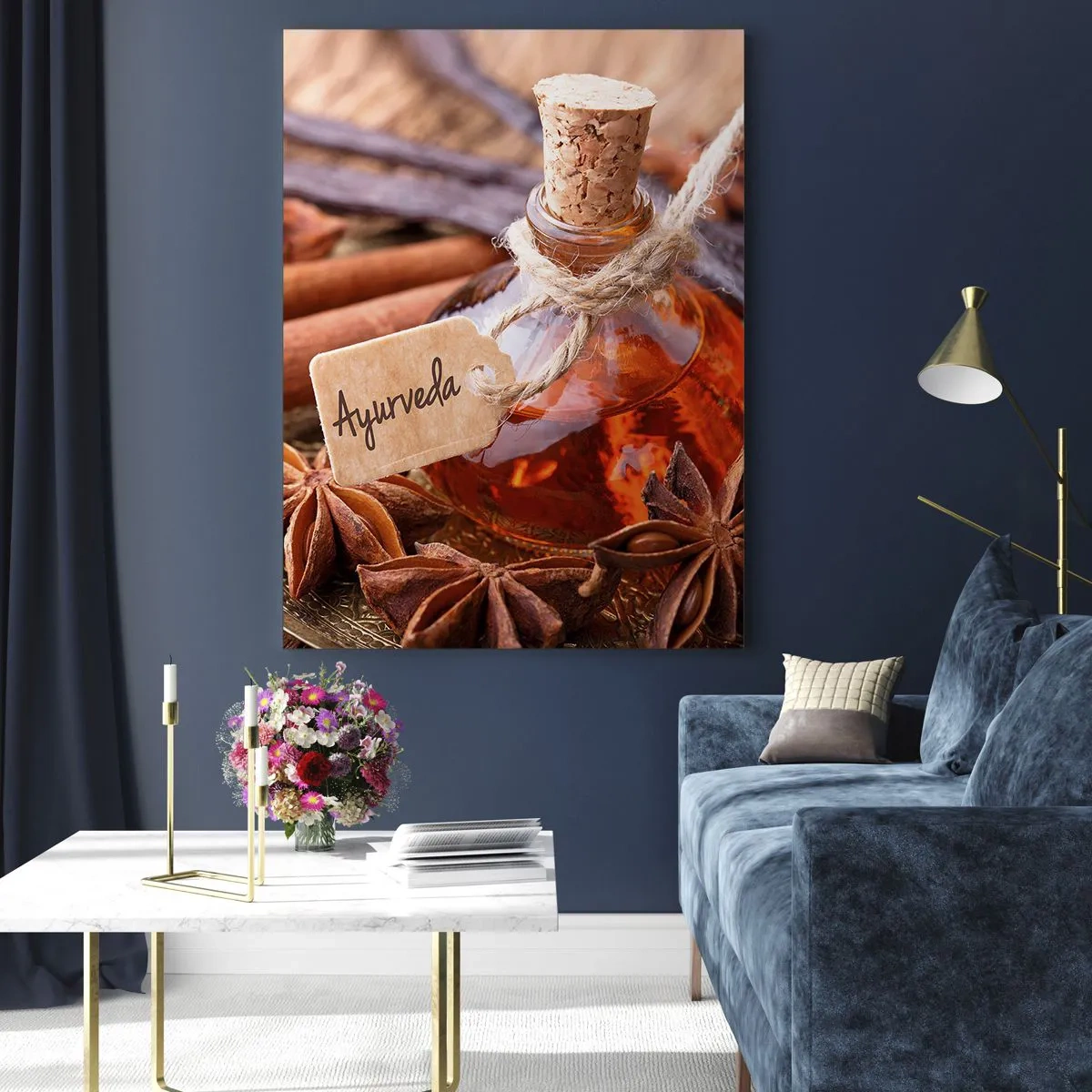 Obraz na szkle - Butelka z olejkiem i przyprawami w stylu ajurwedyjskim - 50x70cm - Ku jedności ciała i ducha - Nowoczesna dekoracja ścienna do salonu, kuchni i sypialni ARTTOR