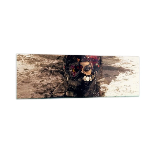Obraz na szkle - Artystyczny portret kobiety w orientalnym stroju na abstrakcyjnym tle - 160x50cm - Co najmniej niepokojąca - Nowoczesna dekoracja ścienna do salonu i sypialni ARTTOR