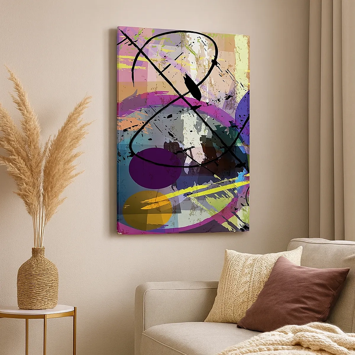 Obraz na płótnie - Abstrakcyjna kompozycja z geometrycznymi kształtami i dynamicznymi kolorami - 50x70cm - Można wprost lub naokoło - Nowoczesna dekoracja ścienna do salonu, kuchni i sypialni ARTTOR