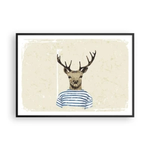 Plakat w czarnej ramie - Jeleń w koszulce w paski na jasnym tle z delikatną teksturą - 100x70cm - Bo lubię koszulki w paski! - Nowoczesna dekoracja ścienna do salonu i sypialni ARTTOR
