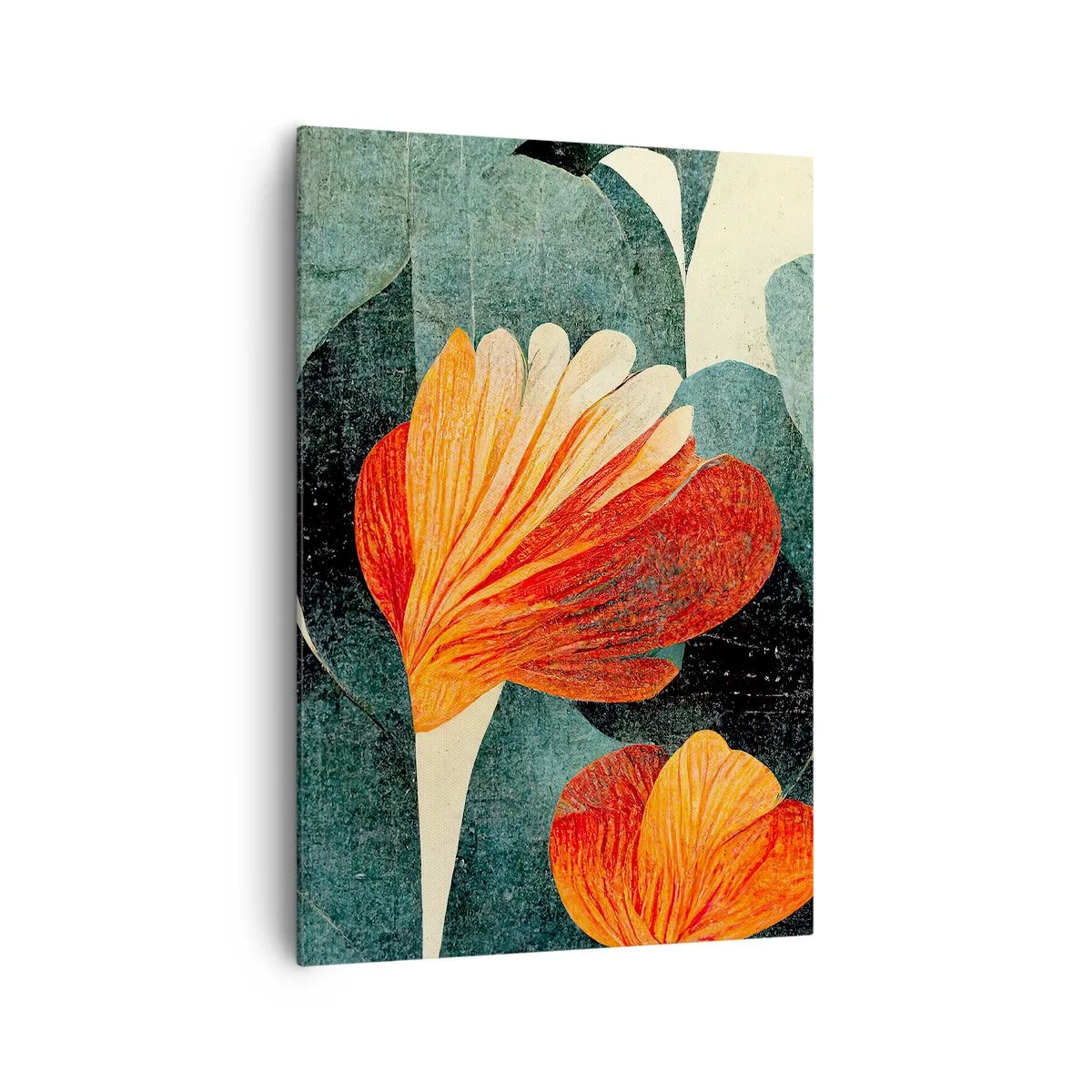 Obraz na płótnie - Kwiaty w intensywnych odcieniach pomarańczu i zieleni - 70x100cm - Żar tropików i chłód zieleni - Nowoczesna dekoracja ścienna do salonu i sypialni ARTTOR