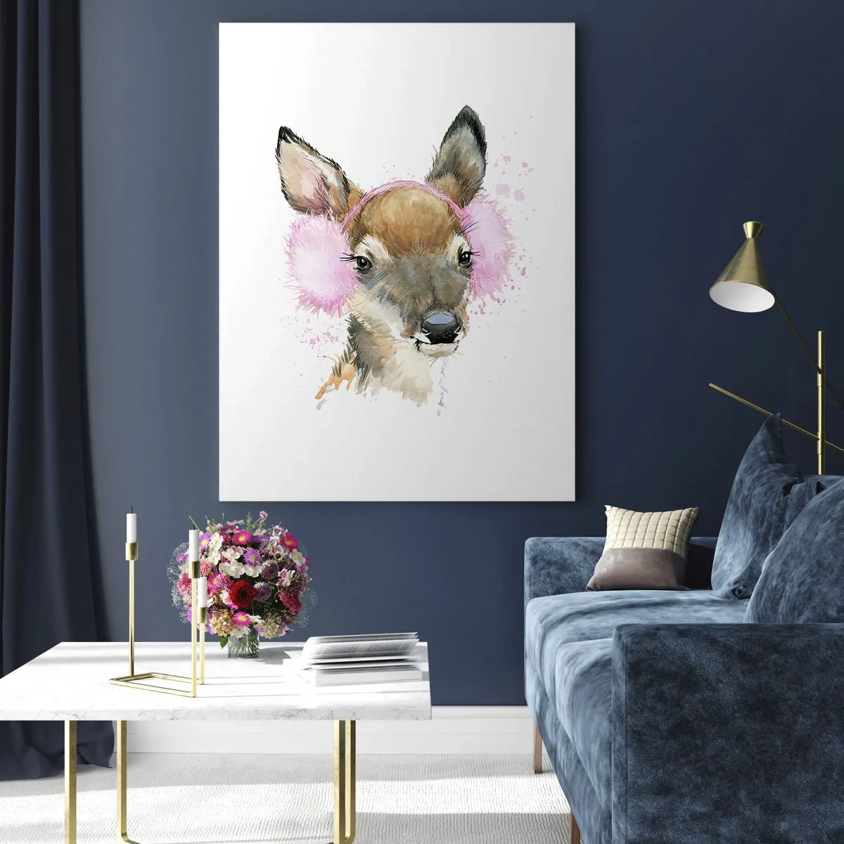 Obraz na szkle - Akwarelowy jeleń w różowych nausznikach - 70x100cm - I mróz już niestraszny - Nowoczesna dekoracja ścienna do salonu i sypialni ARTTOR