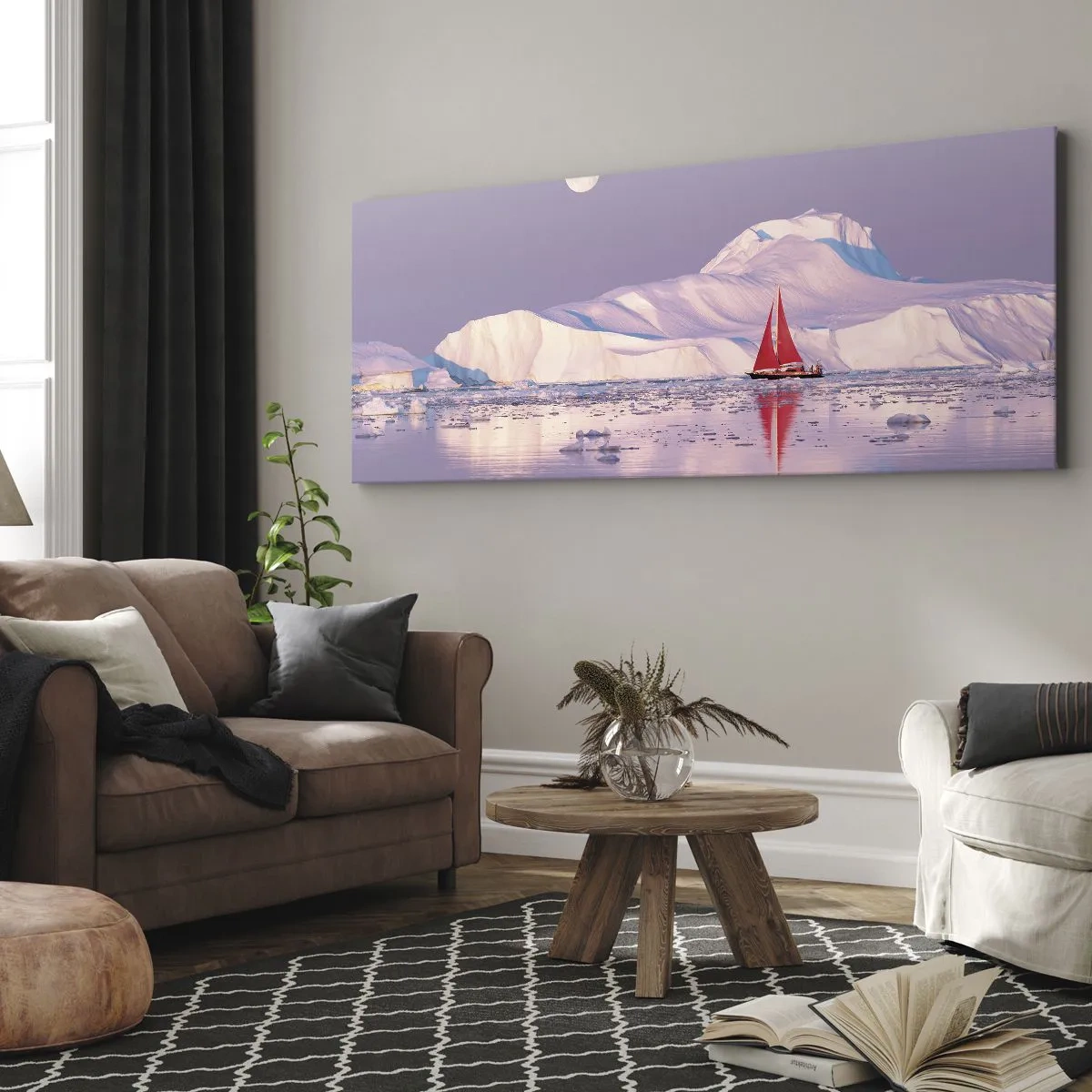 Obraz na płótnie - Czerwony żagiel na tle lodowych gór i pełni księżyca - 160x50cm - Żar żagla, chłód lodu - Nowoczesna dekoracja ścienna do salonu i sypialni ARTTOR