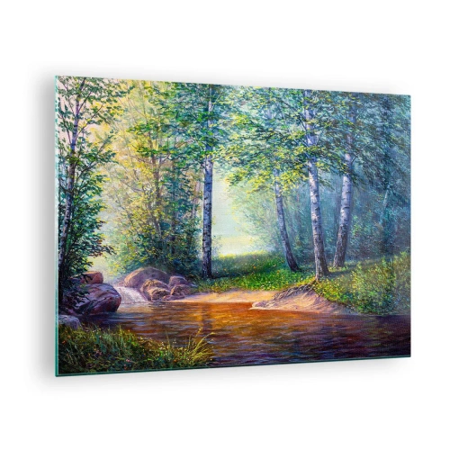 Obraz na szkle - Leśny strumień otoczony drzewami w promieniach słońca - 70x50cm - Sielankowa sceneria - Nowoczesna dekoracja ścienna do salonu i sypialni ARTTOR
