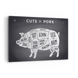 Obraz na płótnie - Diagram cięć wieprzowych na czarnym tle - 120x80cm - Elementarz masarza - Nowoczesna dekoracja ścienna do salonu, kuchni i sypialni ARTTOR