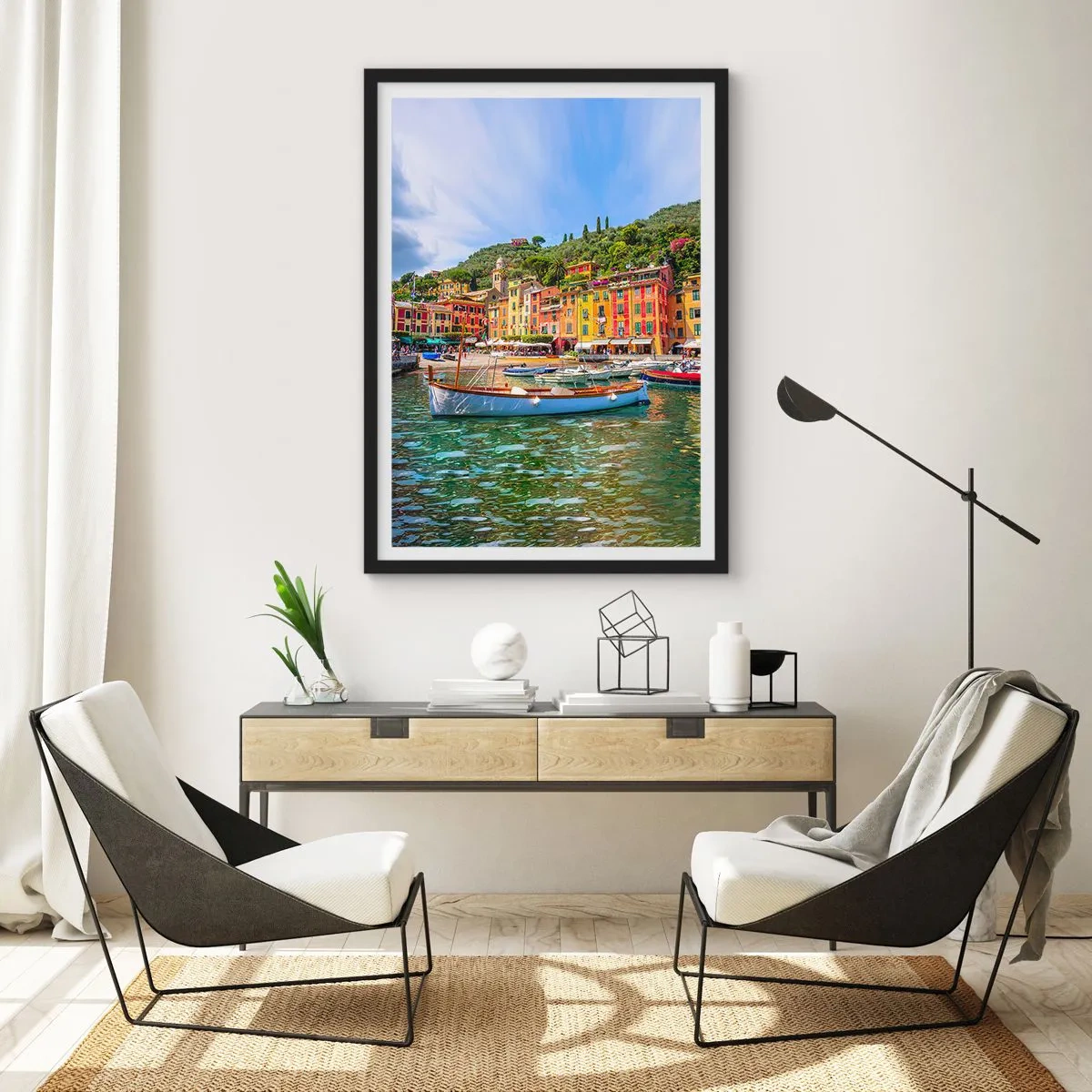 Plakat w czarnej ramie - Portowa scena z kolorowymi budynkami i łodziami - 50x70cm - Włoskie przedpołudnie - Nowoczesna dekoracja ścienna do salonu i sypialni ARTTOR