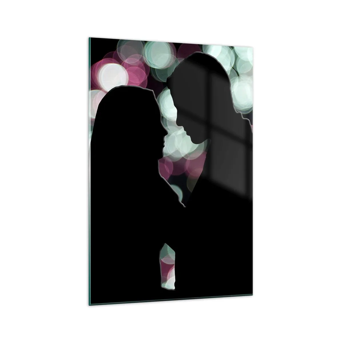 Obraz na szkle - Sylwetki pary na tle kolorowych świateł bokeh - 70x100cm - Tak! - Nowoczesna dekoracja ścienna do salonu i sypialni ARTTOR