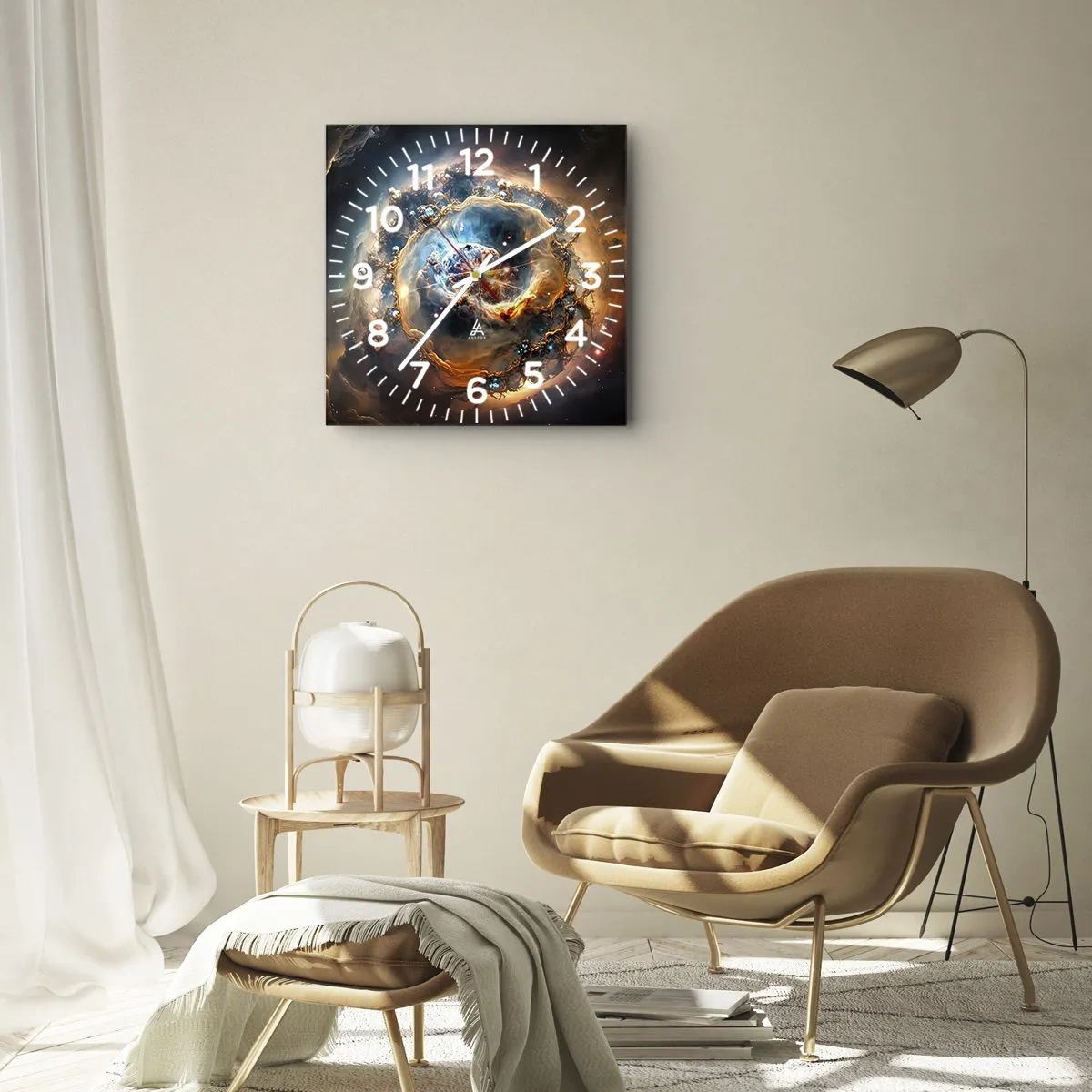 Zegar ścienny - Abstrakcyjna wizja kosmicznej eksplozji w odcieniach złota i błękitu - 30x30cm - Początek - Nowoczesna dekoracja ścienna do salonu i sypialni ARTTOR