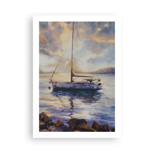 Plakat - Żaglówka na spokojnej wodzie w świetle zachodu słońca - 50x70cm - Wieczór w zatoce - Nowoczesna dekoracja ścienna do salonu, kuchni i sypialni ARTTOR