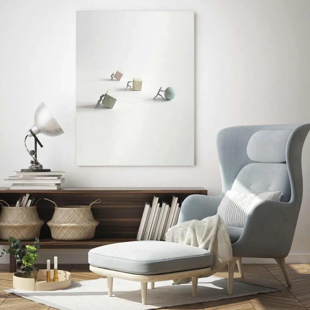 Obraz na szkle - Miniaturowe postacie pchające kształty na jasnym tle - 80x120cm - Samo życie - Nowoczesna dekoracja ścienna do salonu i sypialni ARTTOR