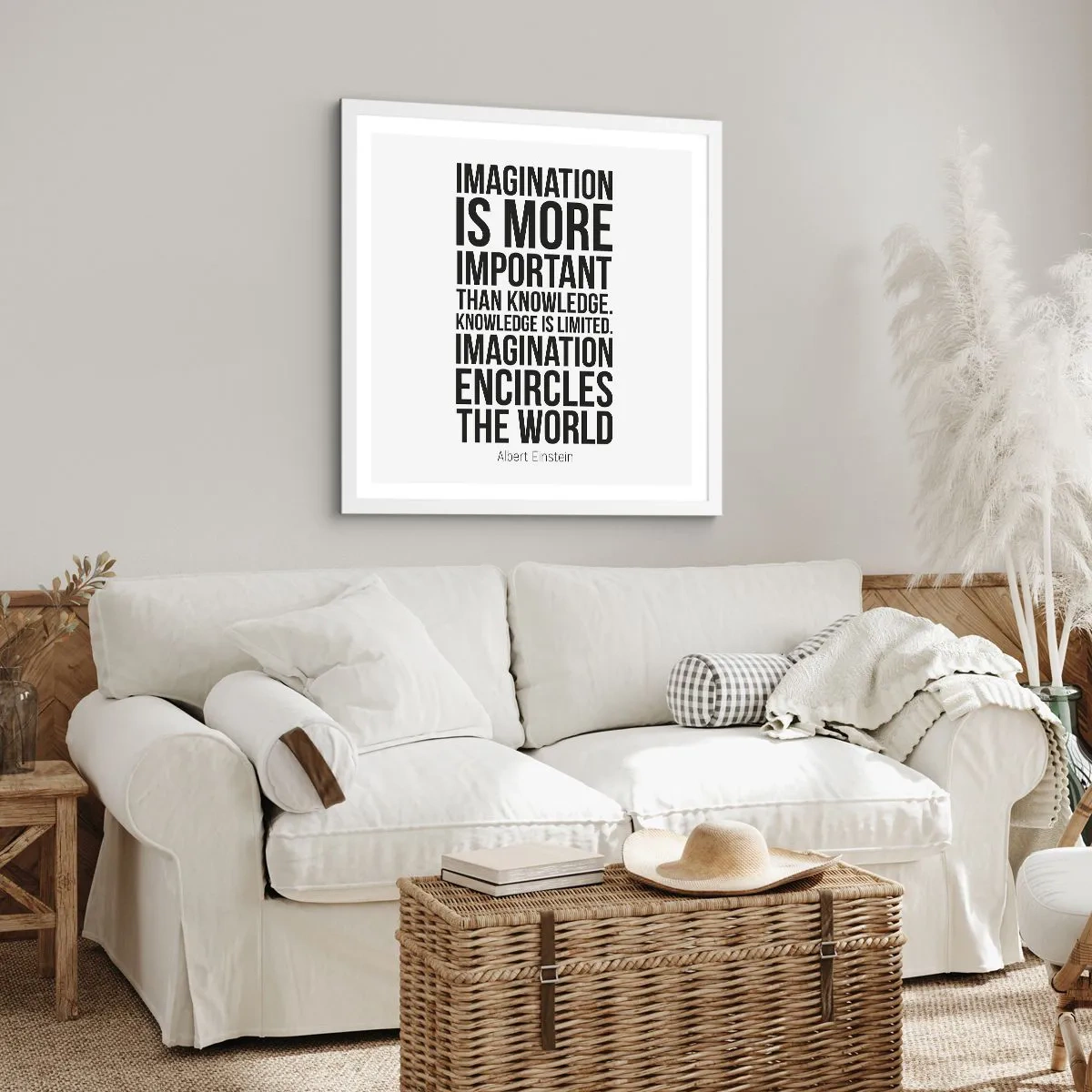 Plakat w białej ramie - Einstein o mocy wyobraźni - 50x50 cm