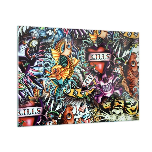 Obraz na szkle - Kolorowa kompozycja wzorów inspirowanych sztuką tatuażu - 100x70cm - Sen tatuażysty - Nowoczesna dekoracja ścienna do salonu, kuchni i sypialni ARTTOR