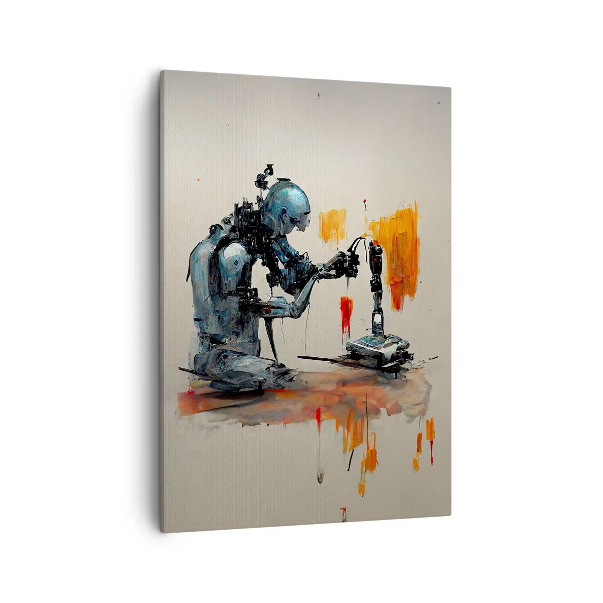Obraz na płótnie - Futurystyczna ilustracja robota pracującego nad mechanicznym urządzeniem - 50x70cm - Już jutro… - Nowoczesna dekoracja ścienna do salonu, kuchni i sypialni ARTTOR