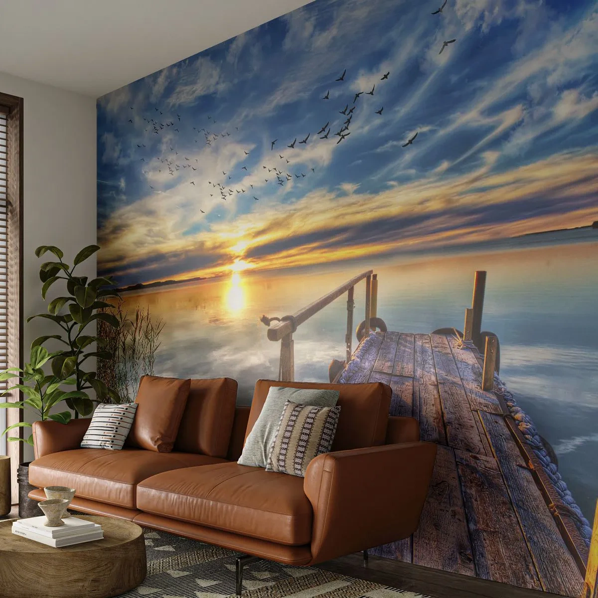 Fototapeta Premium Sand - Drewniany pomost nad jeziorem o zachodzie słońca - 100x70cm - Wiatr idzie na spoczynek - Nowoczesna dekoracja ścienna do salonu, kuchni i sypialni ARTTOR