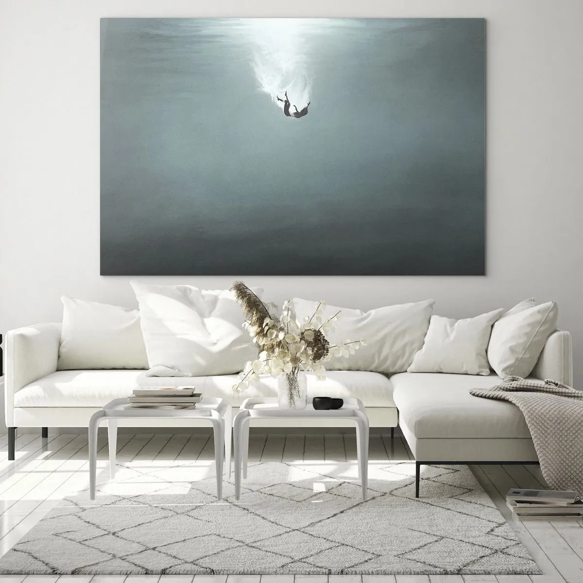 Obraz na szkle - Sylwetka człowieka zanurzonego w błękitnej głębi oceanu - 70x50cm - W objęciach oceanu - Nowoczesna dekoracja ścienna do salonu i sypialni ARTTOR