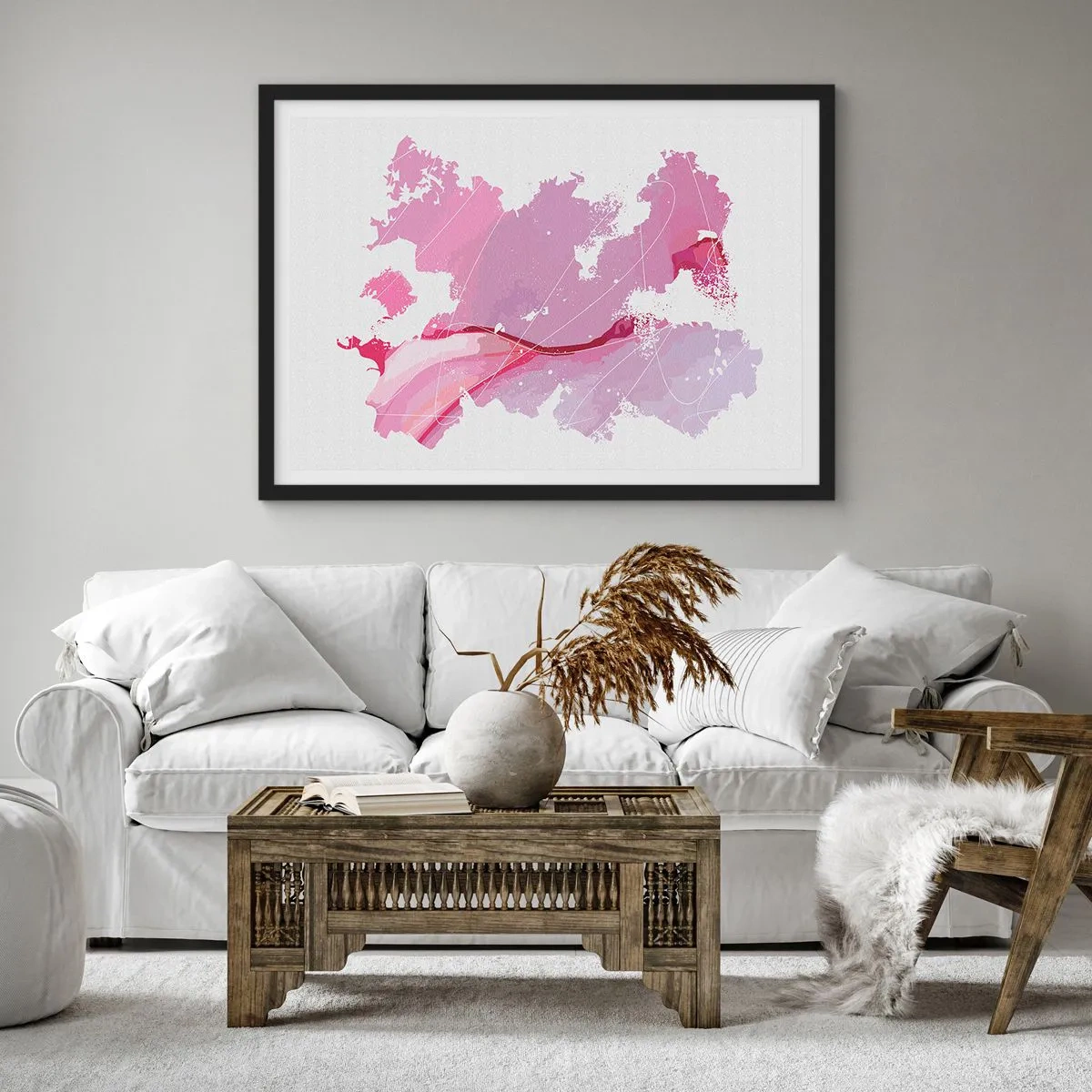 Plakat w czarnej ramie - Abstrakcyjna mapa świata w odcieniach różu - 70x50cm - Mapa różowego świata - Nowoczesna dekoracja ścienna do salonu i sypialni ARTTOR