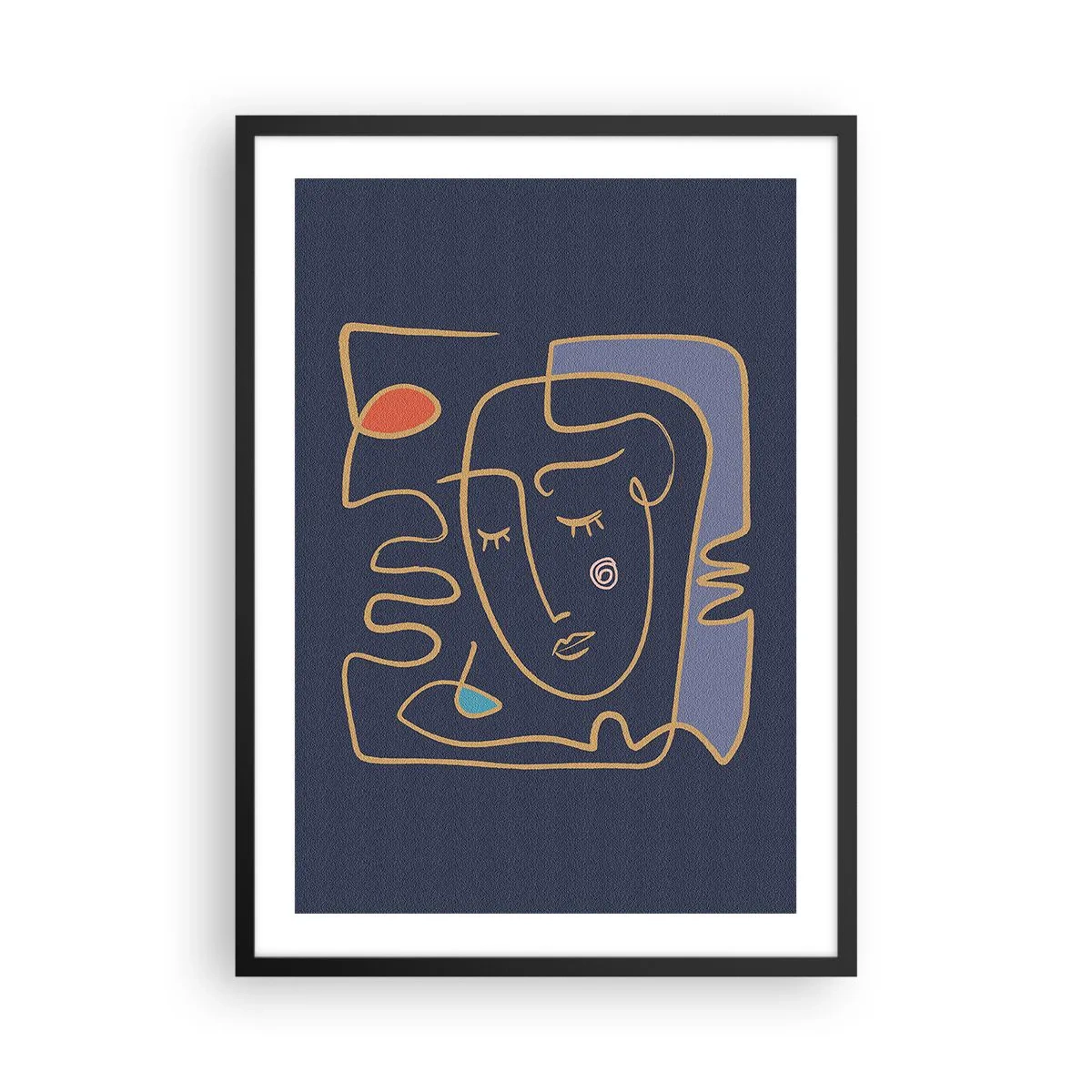 Plakat w czarnej ramie - Minimalistyczna abstrakcyjna twarz na granatowym tle w stylu line art - 50x70cm - W zamyśleniu - Nowoczesna dekoracja ścienna do salonu i sypialni ARTTOR