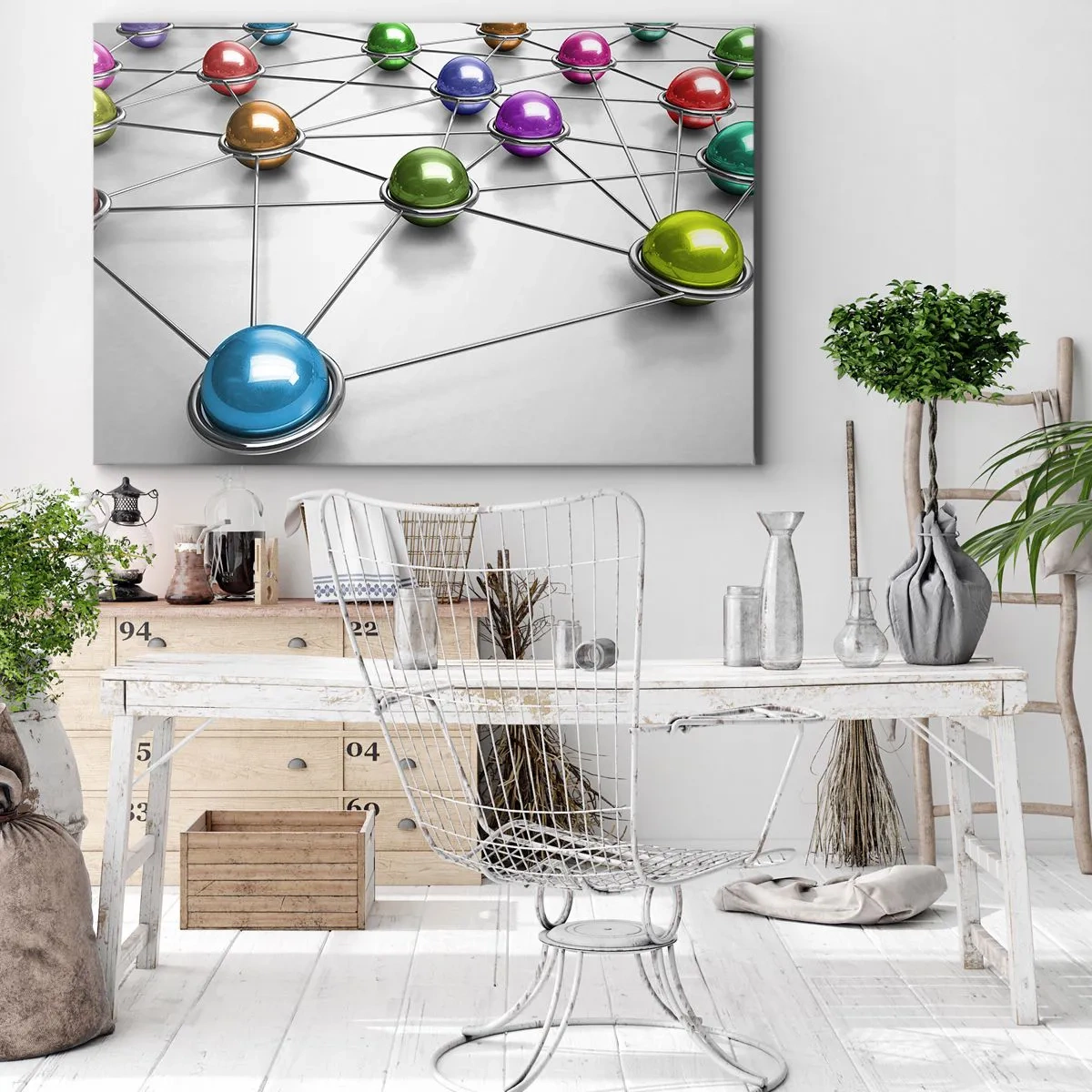 Obraz na płótnie - Kolorowe kulki połączone cienkimi liniami na białym tle - 70x50cm - Kosmiczna pajęczyna - Nowoczesna dekoracja ścienna do salonu i sypialni ARTTOR