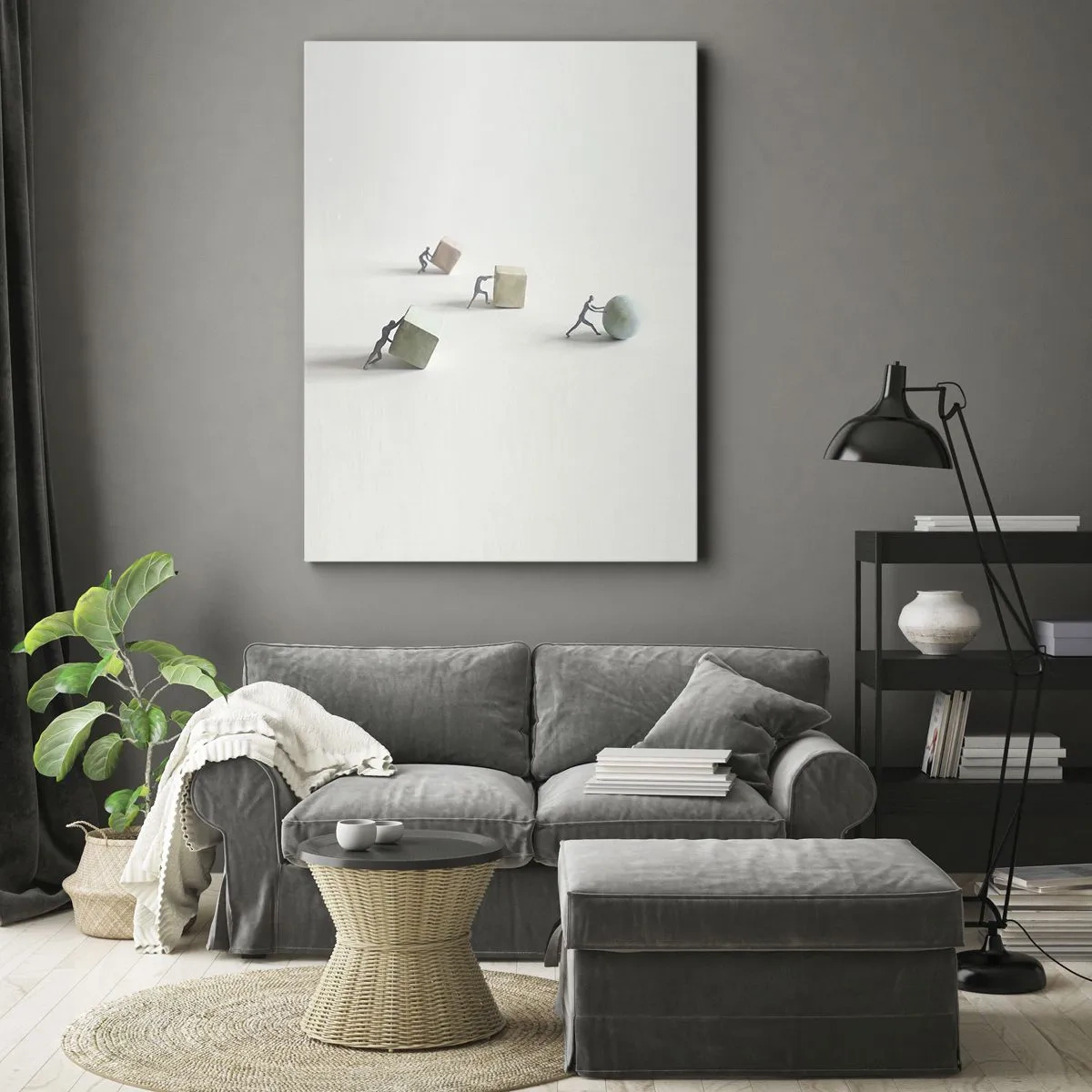 Obraz na płótnie - Miniaturowe postacie pchające geometryczne figury na jasnym tle - 50x70cm - Samo życie - Nowoczesna dekoracja ścienna do salonu, kuchni i sypialni ARTTOR