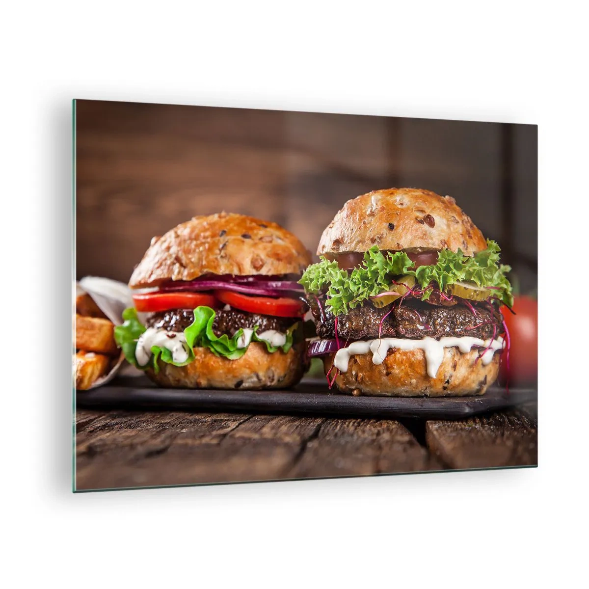 Obraz na szkle - Apetyczne burgery z warzywami i sosem - 70x50cm - American dream - Nowoczesna dekoracja ścienna do salonu i sypialni ARTTOR