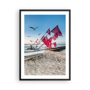 Plakat w czarnej ramie - Łódź rybacka z czerwonymi flagami na plaży - 50x70cm - Zasłużony odpoczynek - Nowoczesna dekoracja ścienna do salonu i sypialni ARTTOR