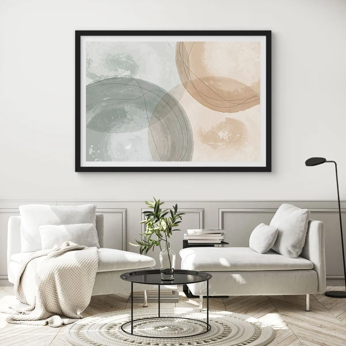 Plakat w czarnej ramie - Abstrakcyjna kompozycja w pastelowych barwach z liniami - 70x50cm - Przenikanie światów - Nowoczesna dekoracja ścienna do salonu i sypialni ARTTOR