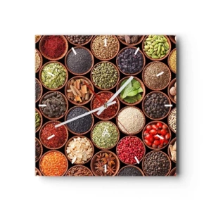 Zegar ścienny - Kolorowe przyprawy w okrągłych pojemnikach - 30x30cm - Wszystkie smaki świata - Nowoczesna dekoracja ścienna do salonu i sypialni ARTTOR