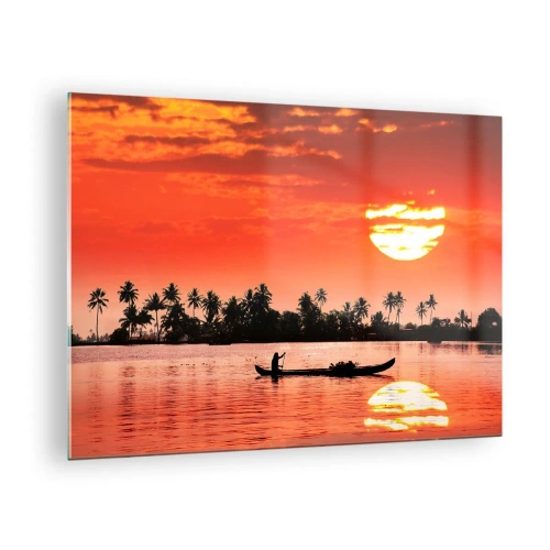 Obraz na szkle - Zachód słońca nad rzeką z palmami i łodzią - 70x50cm - Spokój tropików o zachodzie - Nowoczesna dekoracja ścienna do salonu i sypialni ARTTOR