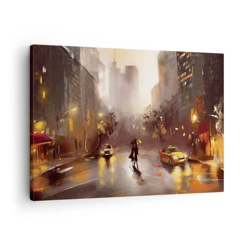 Obraz na płótnie - Miejska scena nocą w świetle latarni i refleksach na mokrej ulicy - 70x50cm - W światłach Nowego Jorku - Nowoczesna dekoracja ścienna do salonu i sypialni ARTTOR