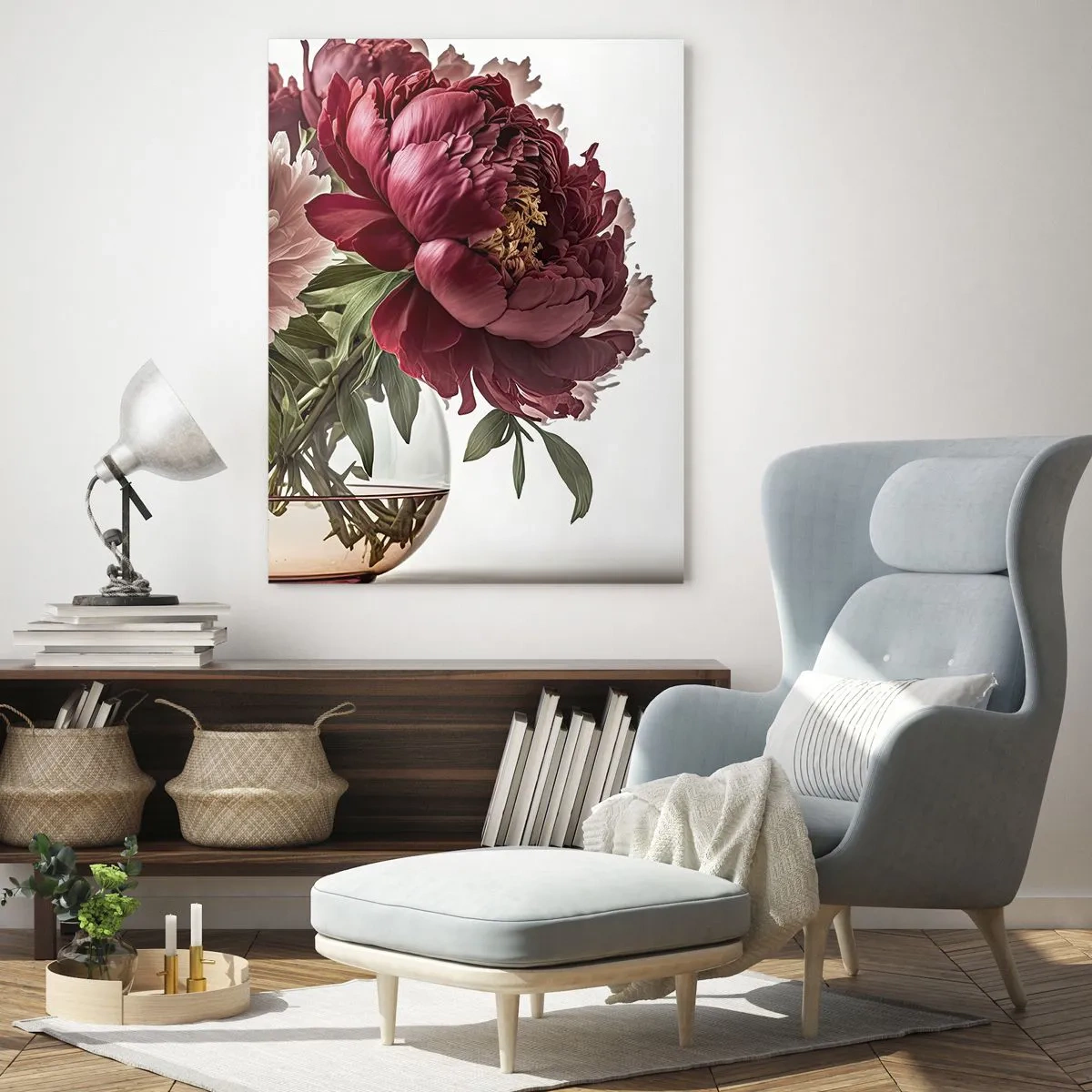 Obraz na szkle - Bukiet piwonii w szklanym wazonie na jasnym tle - 50x70cm - W pełnym rozkwicie urody - Nowoczesna dekoracja ścienna do salonu, kuchni i sypialni ARTTOR